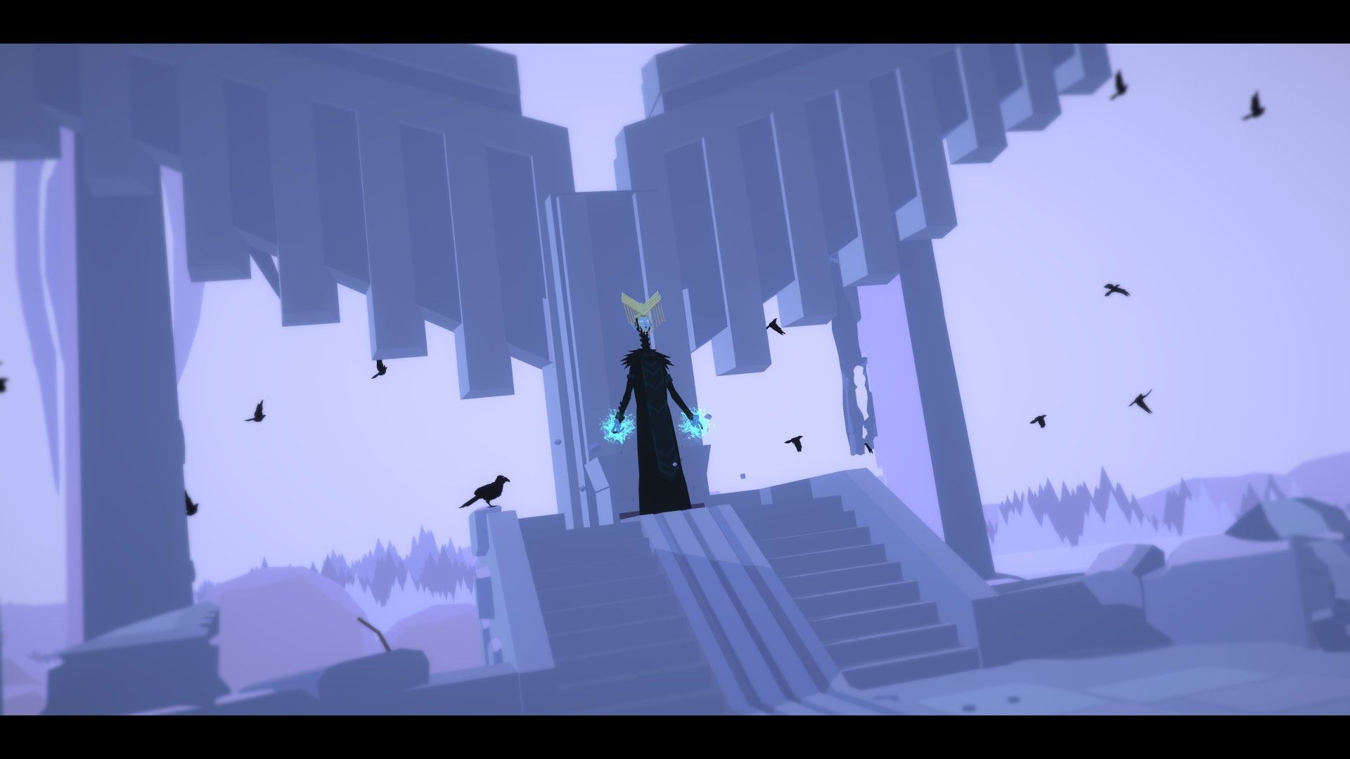 zrzut ekranu z gry Roki, widzimy wnętrze lodowego zamku z władającą nim magiczną postacią, władczynią, ubraną na czarno