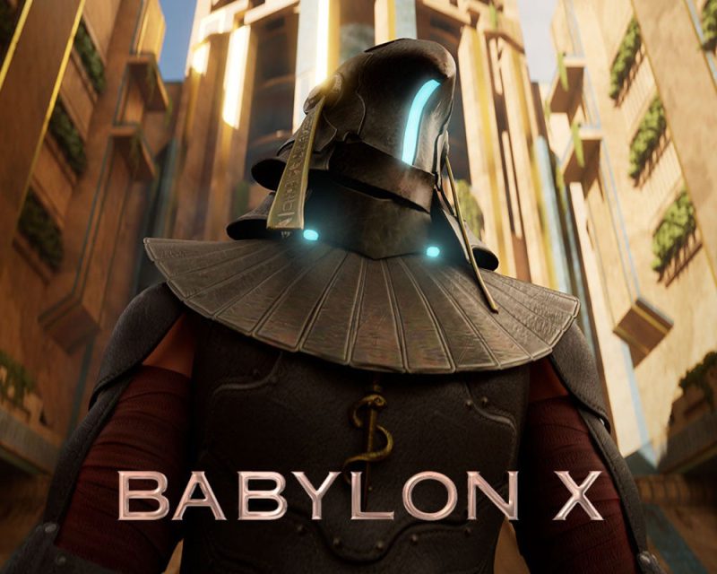 Grafika promująca grę Babylon X. Obrazek przedstawia mężczyznę w starożytnej zbroi, wzbogaconą o technologiczne nowoczesne elementy. W tle widać wysoki budynek.