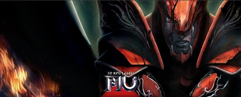 Obrazek przedstawia ekran ładowania gry, czyli logo MU Online na tle bohatera w zbroi