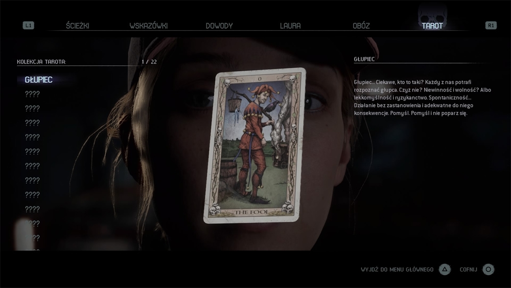 Widok ekwipunku postaci. Na grafice przedstawiona została jedna z kart tarota, która nazywa się „Głupiec".