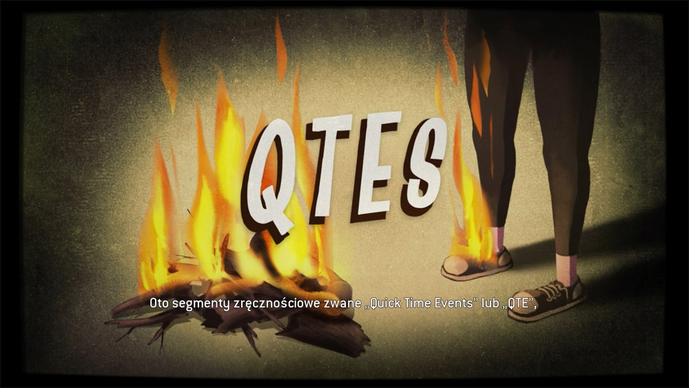 Grafika przedstawia fragment samouczka gry The Quarry. Obok ogniska stoi postać z podpalonym butem i nogawką spodni. Na środku obrazka widnieje napis QTES, czyli skrót od quick time events.