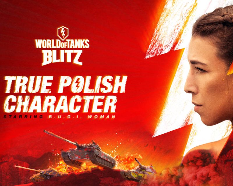 Grafika promująca nowe wydarzenie w grze World of Tanks Blitz. Obrazek utrzymany w biało-czerwonej kolorystce przedstawia nową ambasadorkę, Joannę Jędrzejczyk, czołgi oraz napis „True Polish Character”.