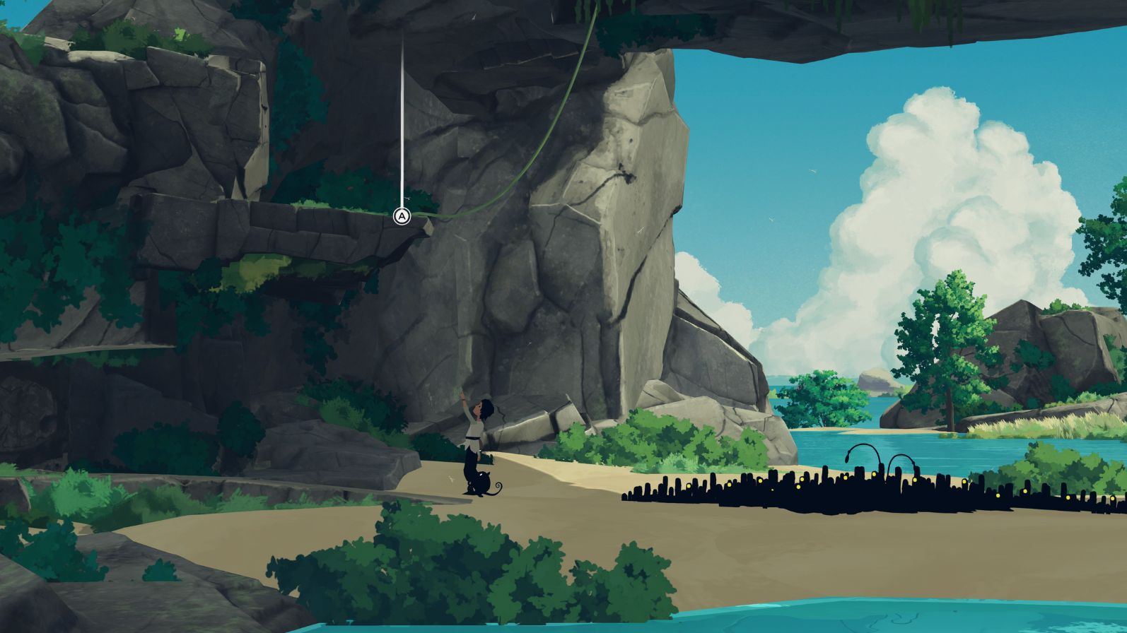 Grafika z gry Planet of Lana. Na obrazku widać dziewczynkę stojącą na piasku pod skałami. Dziewczynka pokazuje palcem miejsce na skalnej półce, gdzie pojawiła się ikona umożliwiająca interakcję z otoczeniem. Obok dziewczynki siedzi czarny zwierzak przypominający kota, a dalej dziwna czarna plama z czułkami, któa jest niebezpiecznym stworzeniem. W tle piasek, woda i błękitne niebo.