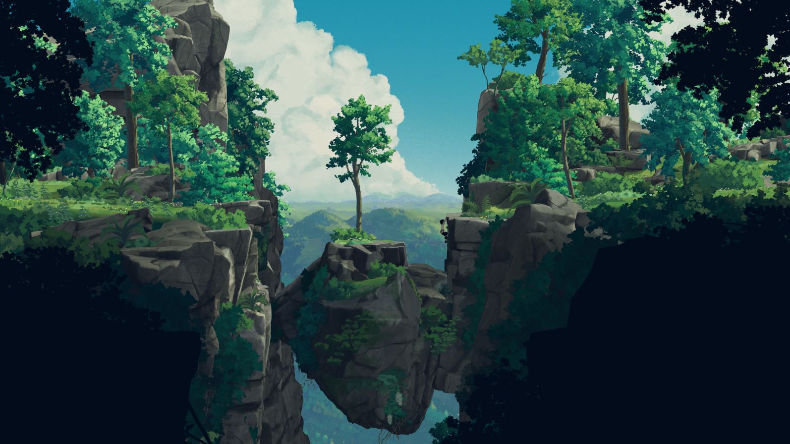 Grafika z gry Planet of Lana. Piękny widok obejmujący wysokie góry, a w tle korony drzew, niebo i chmury. Pomiędzy skałami na pierwszym planie znajduje się mniejszy fragment, trochę jak duży głaz, na którym wyrasta samotne drzewo. Teren porośnięty jest roślinnością. Dziewczynka wspina się na skałę po lewej stronie.
