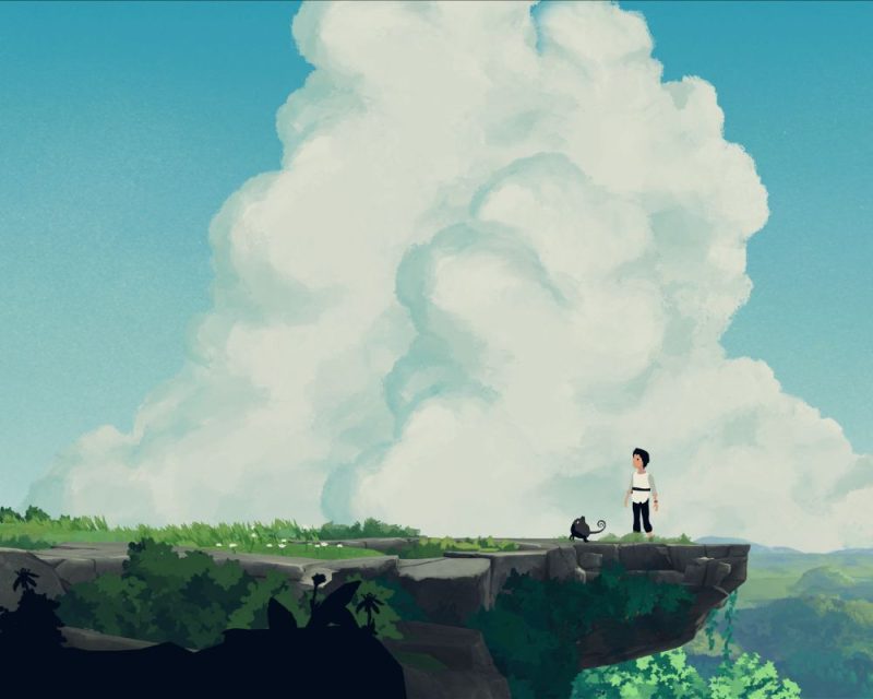 Grafika z gry Planet of Lana. Mała dziewczynka i czarny zwierzak przypominający kota stoją na krawędzi skalnej półki i oglądają się za siebie. W tle widać błękitne niebo i ogromne, puszyste obłoki.