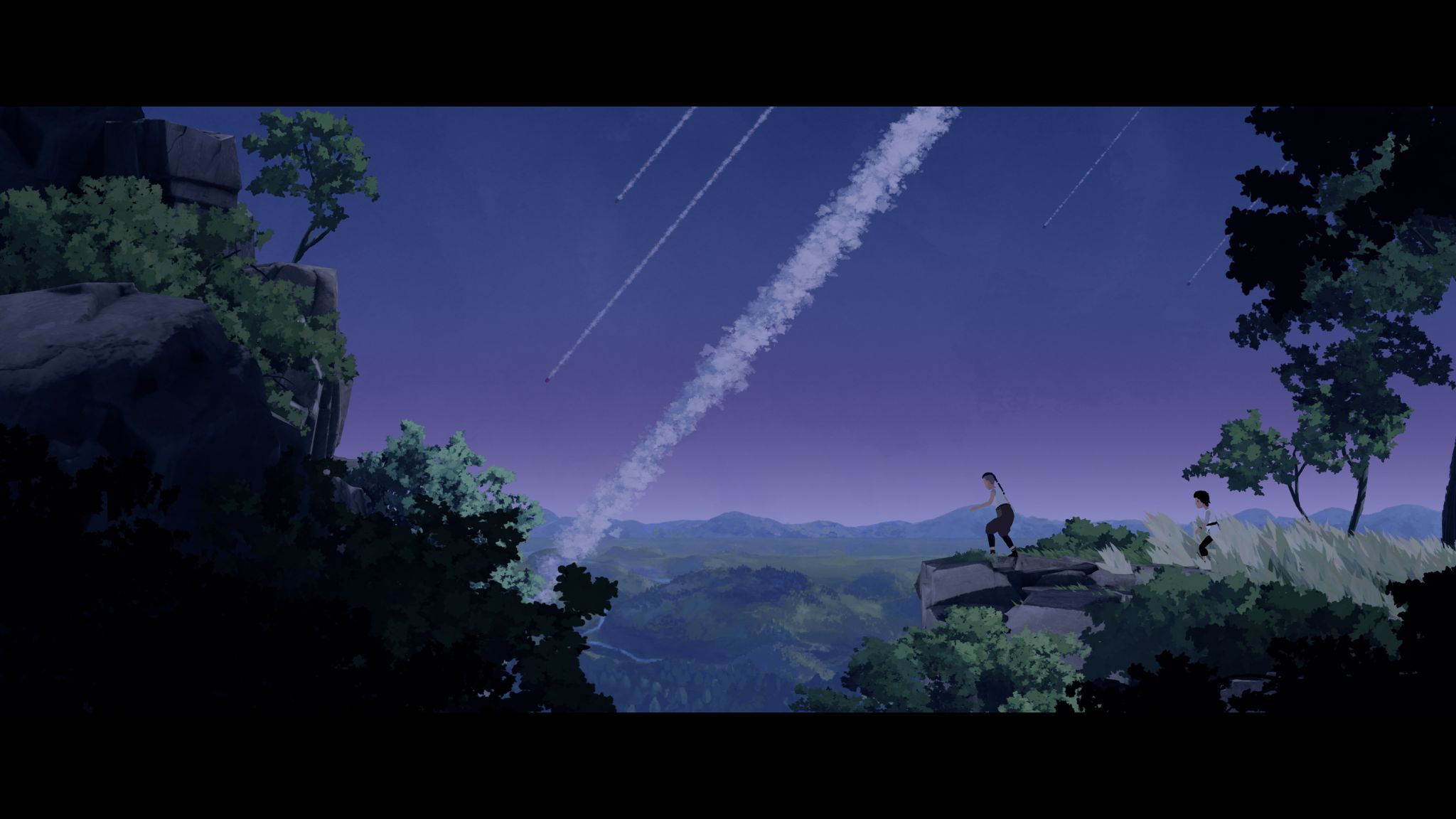 Grafika z gry Planet of Lana. Na obrazku widać dwie dziewczynki, starszą i młodszą, które stoją na skalnej półce w otoczeniu trawy, drzew i liści. Przestraszone patrzą na spadające z nieba w oddali obiekty, pozostawiające za sobą smugi dymu. Jest wieczór, niebo jest ciemnogranatowe.