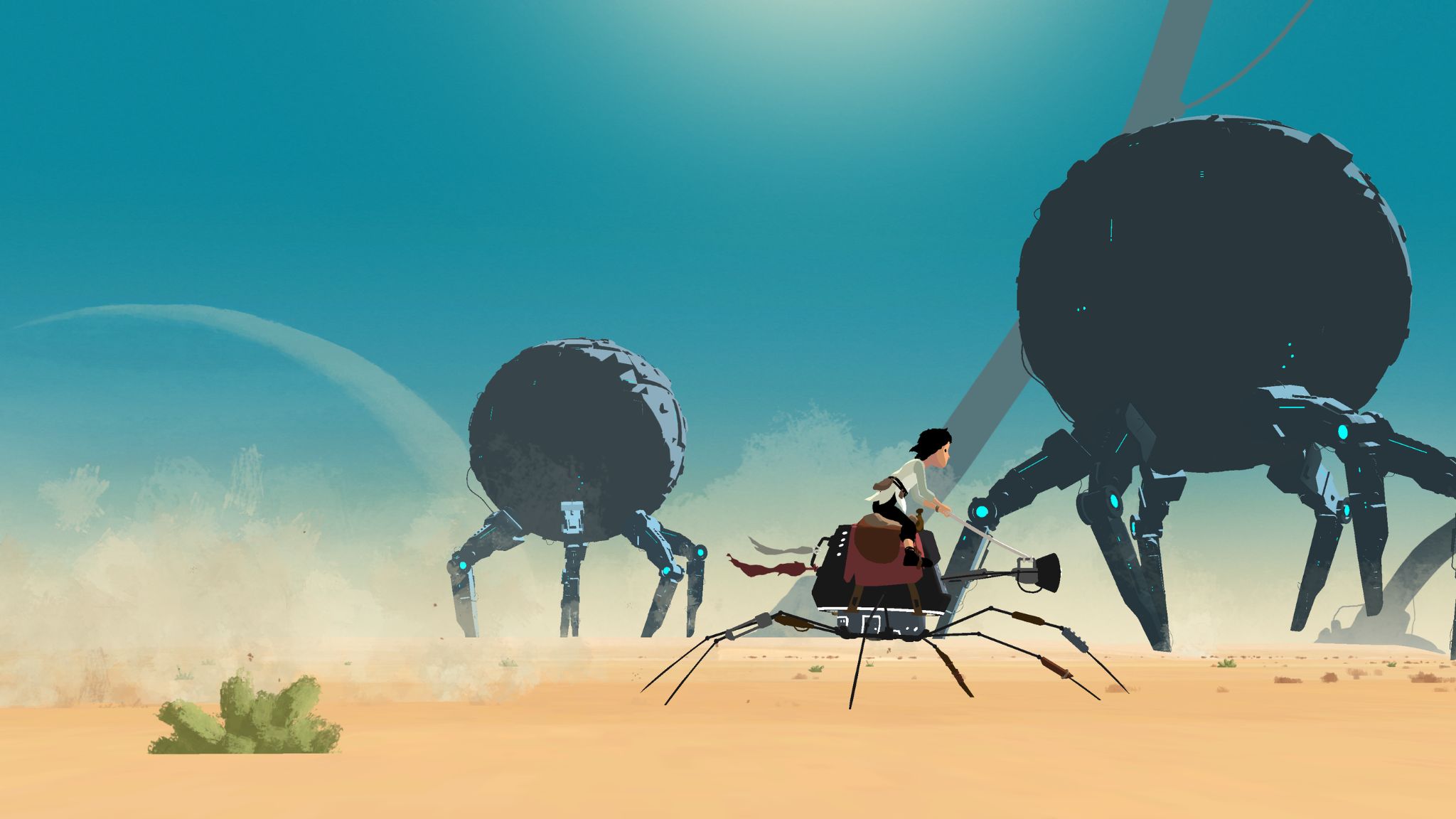 Grafika z gry Planet of Lana. Dziewczynka pędzi na maszynie pełniącej rolę konia, który ma 6 widocznych spiczastych odnóży. Krajobraz pustyni, żółty piach, niebieskie niebo, widoczne promienie słońca. Na drugim planie ogromne maszyny o kolistych czarnych kształtach i potężnych nogach, przypominających pajęcze.