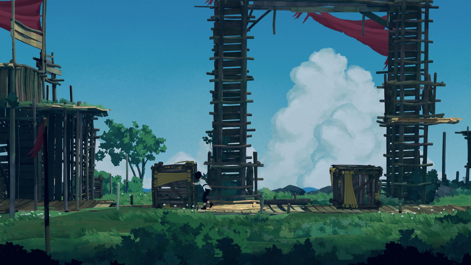 Grafika z gry Planet of Lana. Dziewczynka przeciąga drewnianą skrzynię. W tle widać błękitne niebo, chmury. W otoczeniu dziewczynki znajduje się dużo zieleni, trawy i drzew, a także drewnianych konstrukcji, takich jak platformy z powiewającymi kawałkami materiału.
