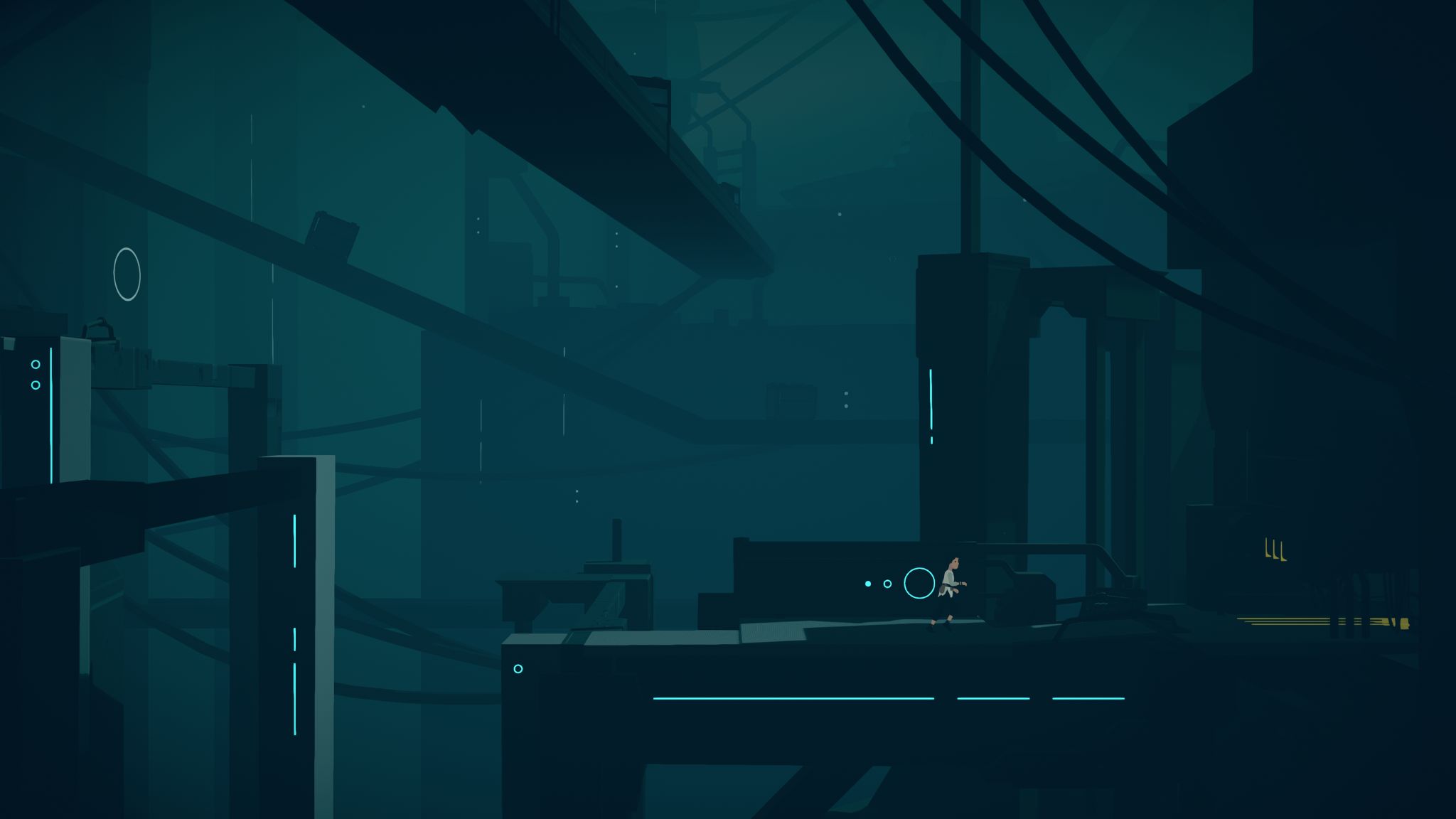 Grafika z gry Planet of Lana. Dziewczynka biegnie przed siebie otoczona przez ogromne stalowe konstrukcje. Wokół niej jest ciemno, chłodno i strasznie. Miejsce sprawia wrażenie ogromnego i przytłaczającego.