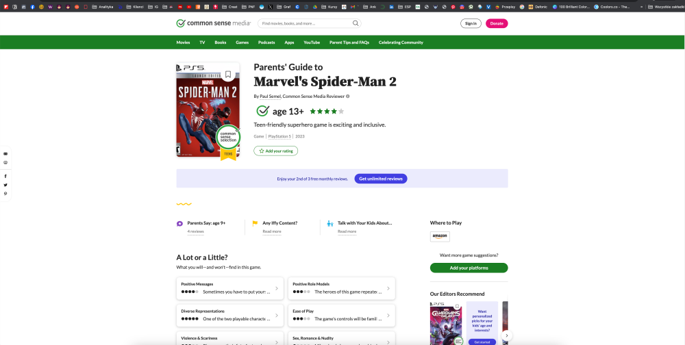 Screen ze strony Common Sense Media, która pomaga sprawdzić czy dana gra nadaje się dla dzieci.