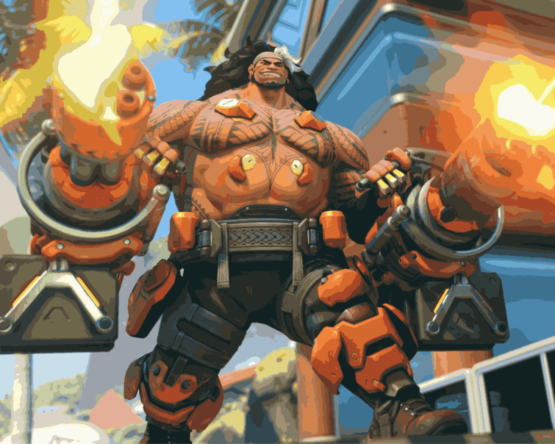 Zdjęcie prezentuje bardzo muskularnego mężczyznę dzierżącego w obu dłoniach ogromne spluwy; Jest to nowy bohater z gry Overwatch 2, a dokładniej tank o imieniu Maug