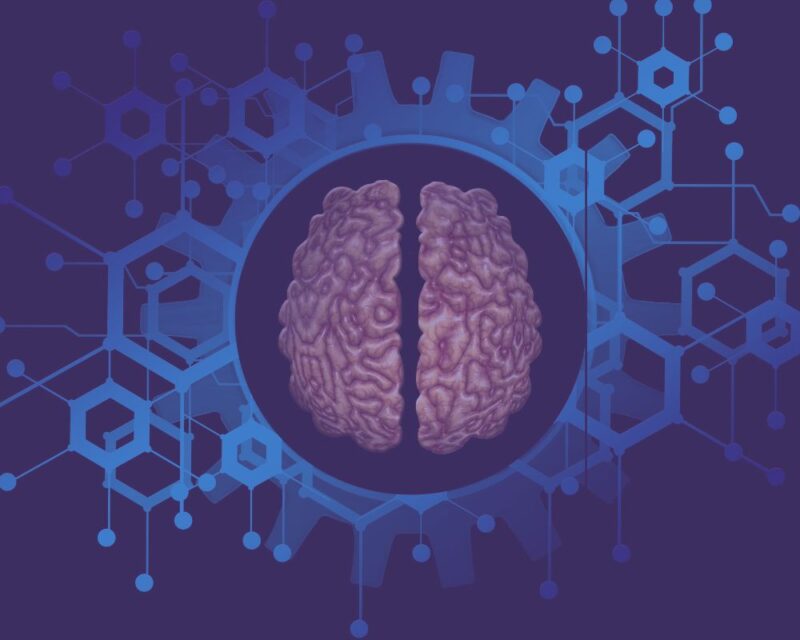 Rysunek przedstawiający mózg otoczony niebieskimi ścieżkami przypominającymi płyty główne komputerów