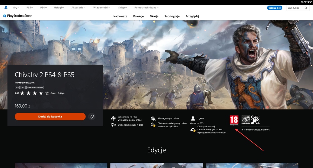 Widok sklepu PlayStation Store ze wskazaniem miejsca, w którym sprzedawca pokazuje minimalny wiek odbiorców gry.