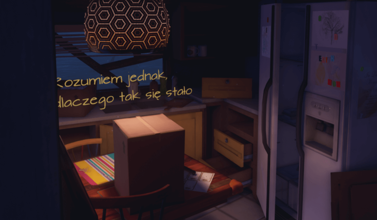 What Remains of Edith Finch, grafika przedstawia zabałaganiony pokój, któregoś z domowników. W tle widnieje napis, monolog narratorki/głównej bohaterki - Edith.