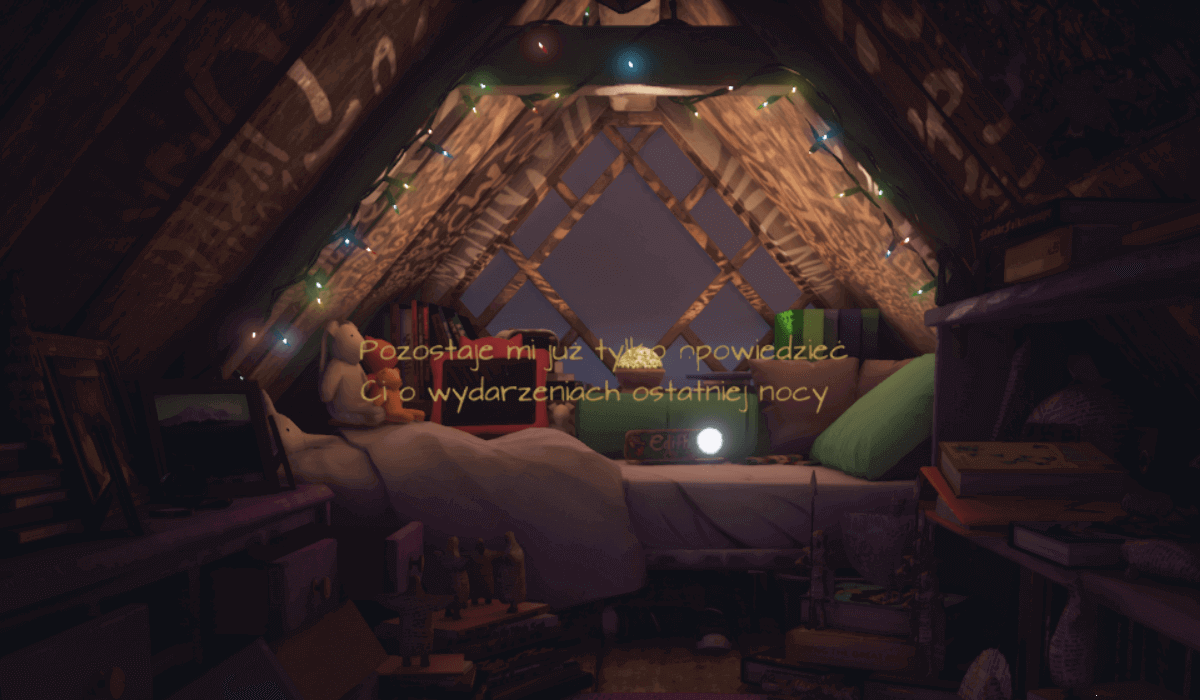 Zrzut ekranu przedstawia kolorowy, maksymalistyczny pokój głównej bohaterki Edith.