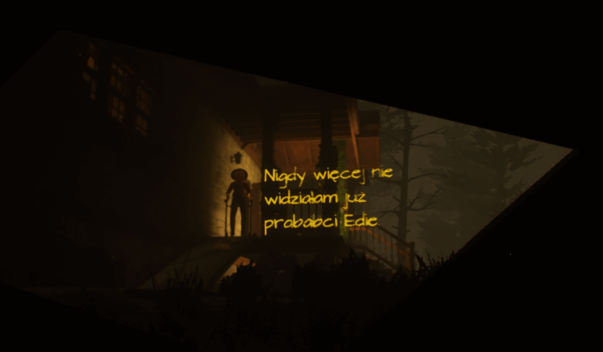 What Remains of Edith Finch, grafika przedstawia starszą kobietę stojącą na tarasie, wpatrującą się w odjeżdżające z posesji auto, z główną bohaterką w środku.