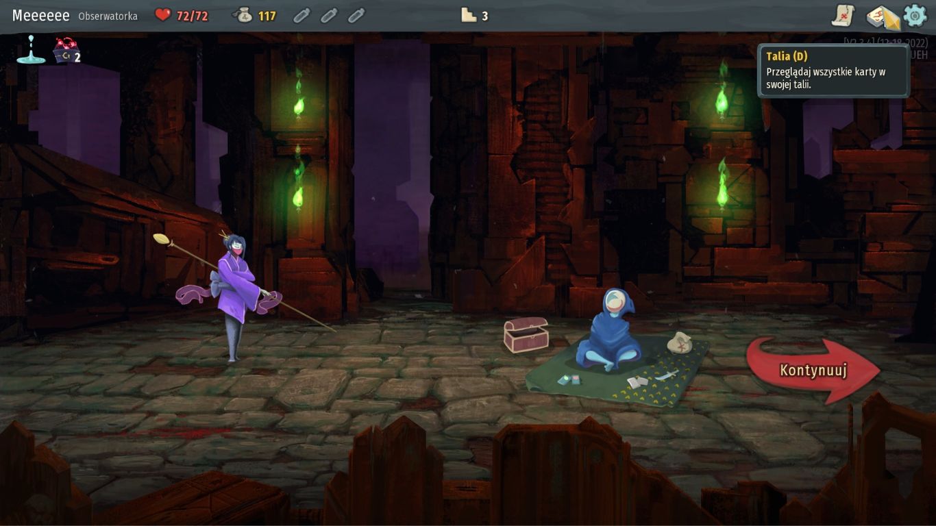 screen z gry Slay the Spire, przedstawia naszą postać po lewej (kobietę w fioletowych szatach z kosturem), po prawej zaś handlarza (postać w białej masce siedzącą na kocu i otoczoną różnymi przedmiotami)