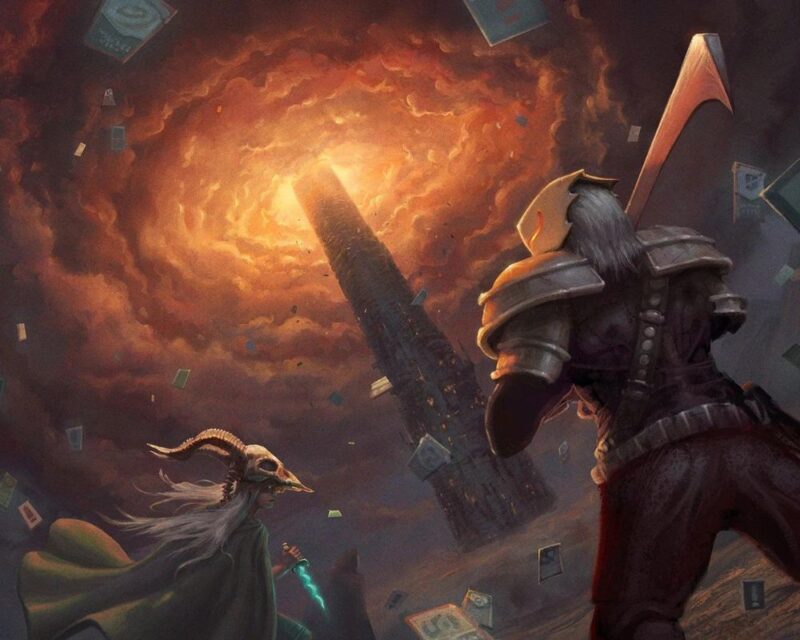 grafika promująca grę Slay the Spire, przedstawia dwie postaci stojące przez wielką iglicą, która świeci się w miejscu styku z gęstymi chmurami, dookoła latają różne karty używane w grze