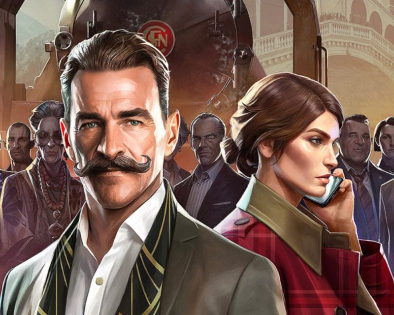 Recenzja gry Agatha Christie – Morderstwo w Orient Expressie. Na obrazku Herkules Poirot i detektywka Joanna Locke, w tle postacie z gry, fragment plakatu