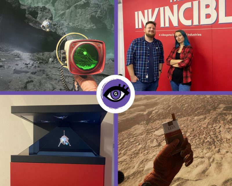 Kolaż przedstawiajacy zdjęcia z siedziby Starward Industries, w tym wspólne zdjęcie Macieja Dobrowolskiego i redaktorki Grajmerek Kasiki, oraz zrzuty ekranu z gry The Invincible