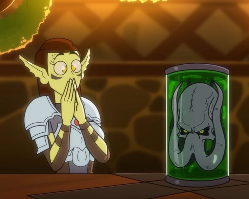 Baldur's Gate III obchodzi Boże Narodzenie, na zdjęciu widzimy, jak jedna z bohaterek cieszy się z dostania słoika z głową wroga, w tle wnętrze świątecznej chatki