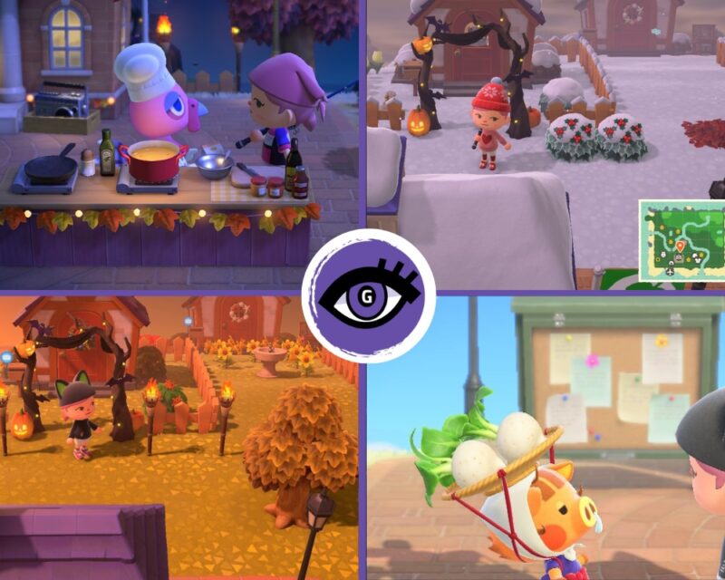 Na obrazku widać kolaż różnych ujęć z gry Animal Crossing. Pośrodku logo Grajmerek