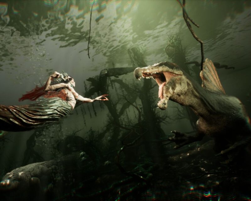 sirens nowa gra akcji, na zdjęciu są dwie postacie, z lewej strony syrena, z krwią na ogonie, z prawej strony wodny potwór, wyglądem przypominający dinozaura, wodny potwór i syrena rzucają się na siebie do ataku, w tle znajduje się podwodny świat, w kolorystyce ciemnej zieleni