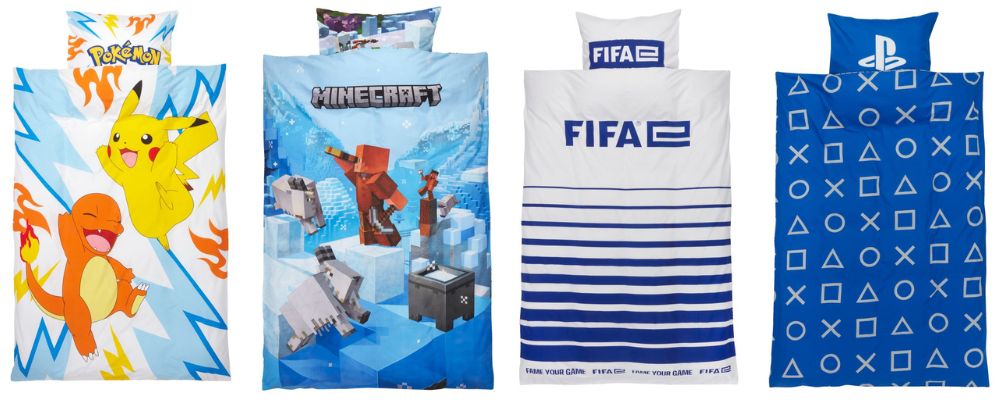 na zdjęciu pościel z gier jako prezent na święta, cztery wzory obok siebie
