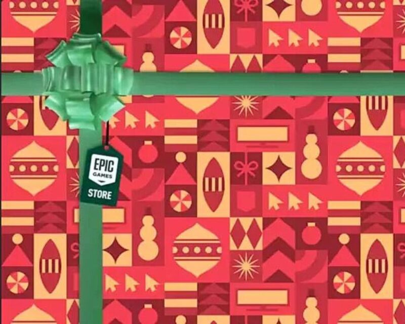 Epic Games Store rozdaje darmowe gry na święta 2023, na grafice tło jak czerwony papier prezentowy, przewinięty zieloną wstążką z kokardą i nazwą sklepu na etykiecie