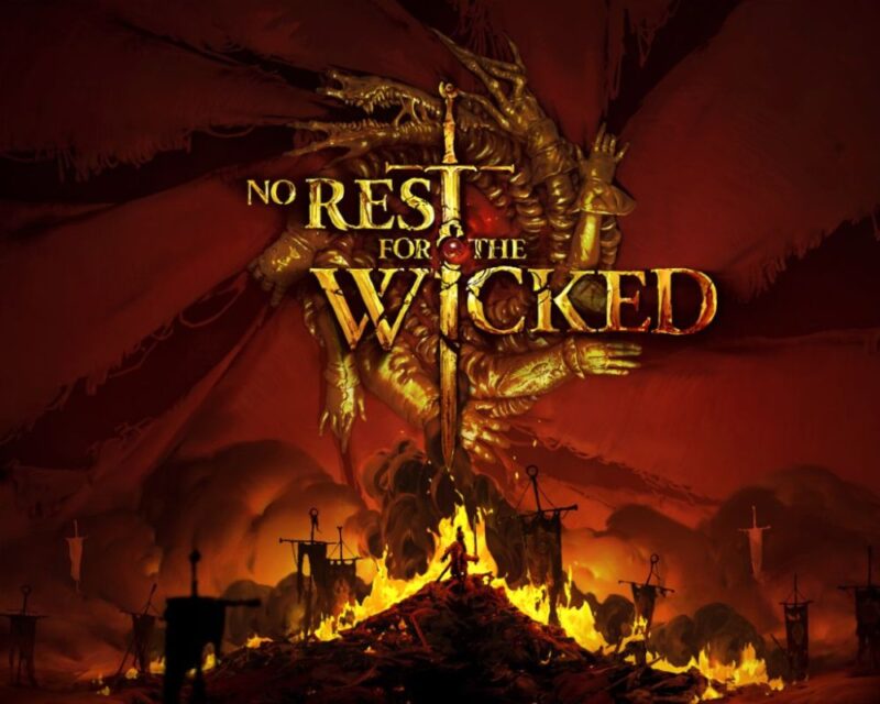 No Rest for the Wicked zapowiedź, widzimy na grafice złoty napis z tytułem na czerwonym tle