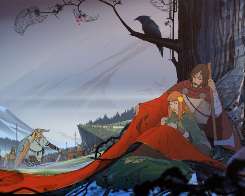 Banner Saga grafika, Versus Evil zamknięte, na grafice widzimy parę siedzącą pod drzewem. Mężczyzna opiera się o pień, a kobieta w czerwonym płaszczu leży wtulona w niego. Na horyzoncie widać zbliżających się wojowników