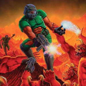 Ilustracja przedstawiająca bohatera gry Doom walczącego z demonami
