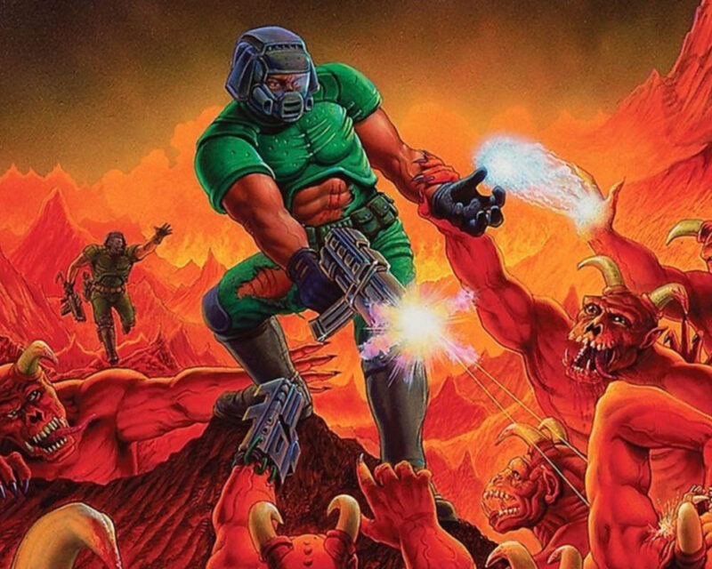 Ilustracja przedstawiająca bohatera gry Doom walczącego z demonami