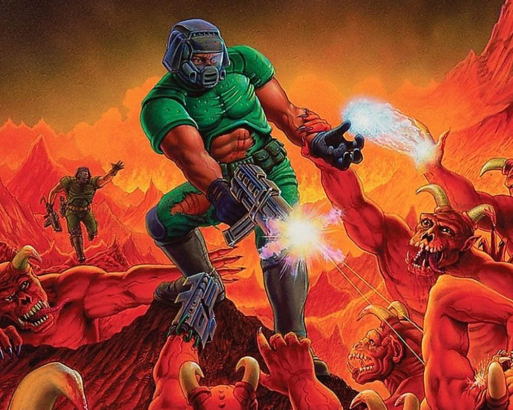 Ilustracja przedstawiająca bohatera gry Doom walczącego z demonami