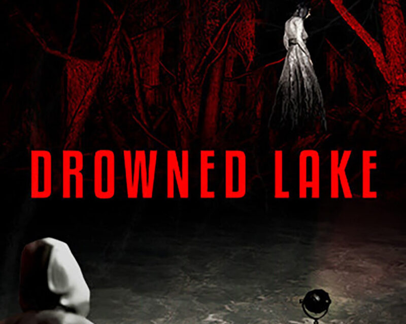 Grafika promująca grę Drowned Lake. Obrazek przedstawia postać siedzącą w łodzi. Przed nią znajduje się las, w centrum którego widać odwróconą sylwetkę w długiej suknii.