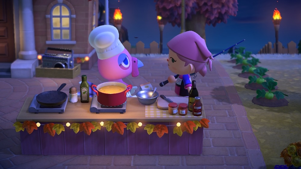 Obrazek przedstawia ujęcie z Dnia Dziękczynienia (Turkey Day) z Animal Crossing. Nasza postać pomaga kucharzowi-indykowi w przygotowaniu dań.