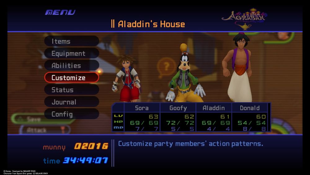 Widok wewnętrznego menu rozgrywki w grze Kingdom Hearts: Final Mix. Na grafice ukazany jest obecny skład drużyny - Sora, Goofy i Alladyn.