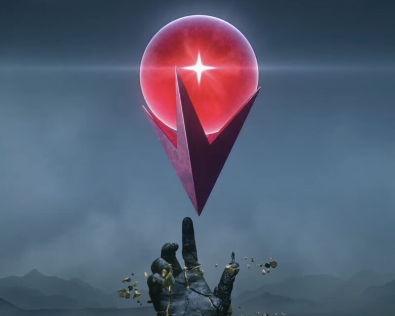 Grafika promująca grę Light No Fire. Na obrazku widać czerwoną kulę lewitującą nad ręką kamiennego olbrzyma. W tle – pochmurne niebo.