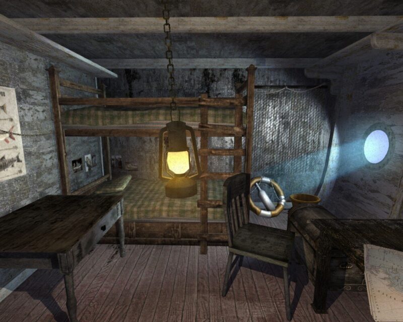 Na obrazku znajduje się zrzut ekranu z gry Penumbra: Overture, na którym widać skromną, pogrążoną w półmroku kabinę znajdującą się na łodzi