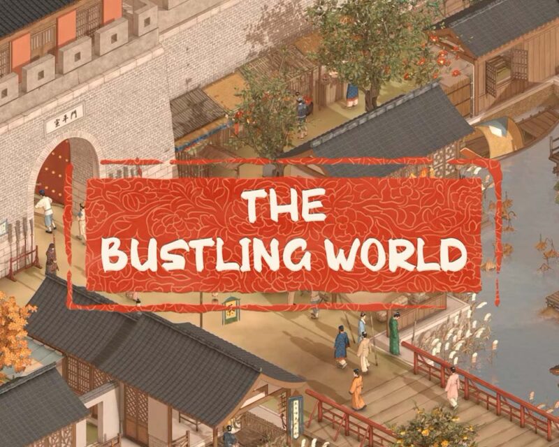 Grafika promocyjna gry The Bustling World. Obrazek przedstawia izometryczny rzut na starożytne chińskie miasto.