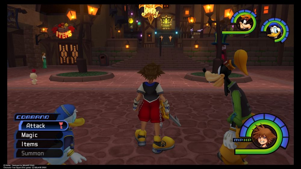 Główna drużyna w pierwszej po samouczku lokacji gry - Traverse Town. Od lewej znajdują się tu Donald, Sora i Goofy, patrzący się w kierunku miasteczka.