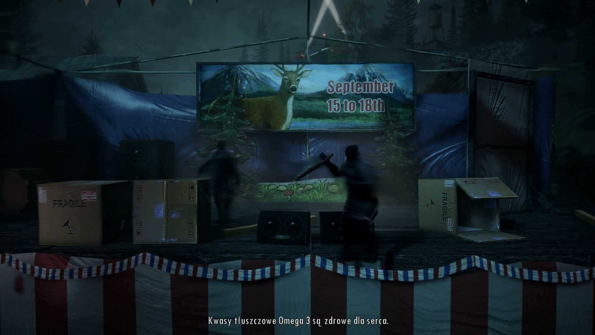 Obraz przedstawia zrzut ekranu z gry Alan Wake. Widnieją na nim dwie cieniste istoty, jedna z nich krzyczy "Kwasy tłuszczowe Omega 3 są zdrowe dla serca".