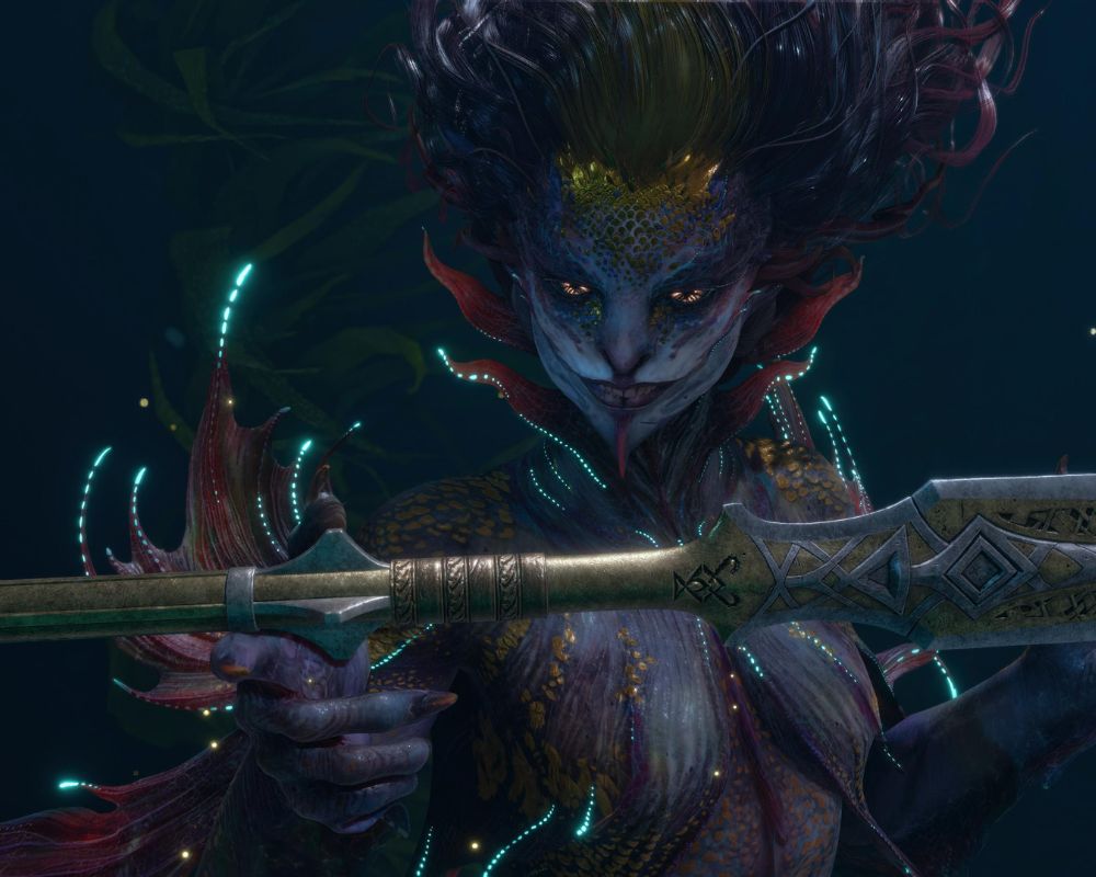 Wodne stworzenie, jak syrena, dzierżące broń