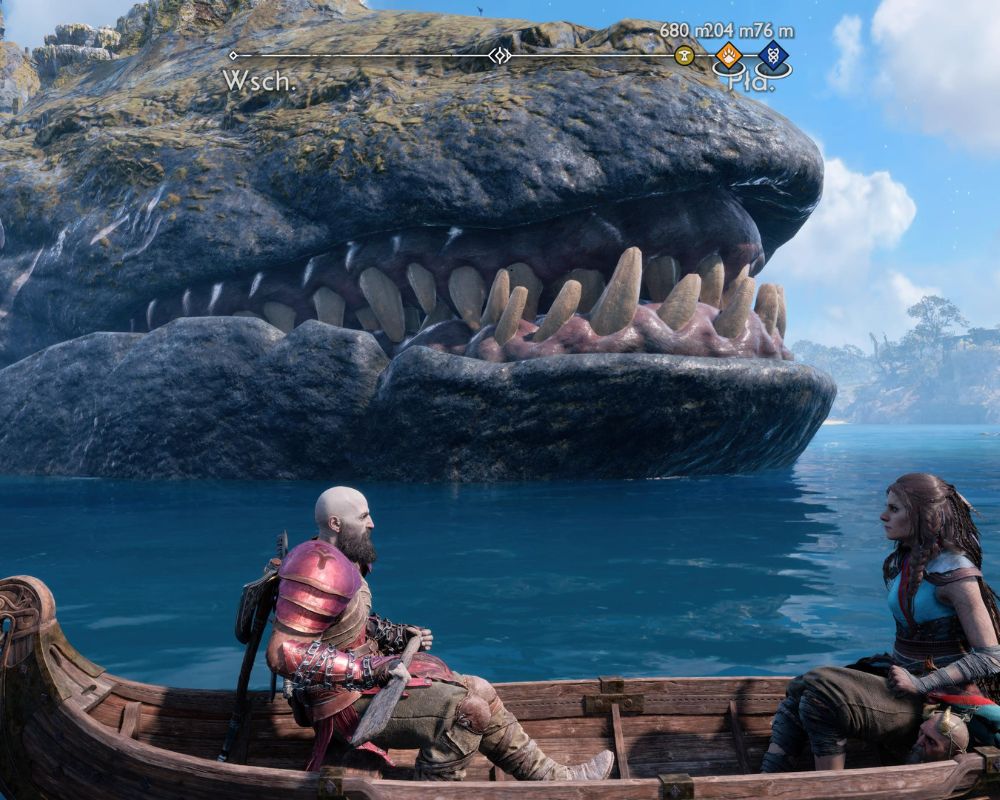 treus i Kratos na łodzi,w w pobliżu nic bestia wodna, z wielkimi zębiskami