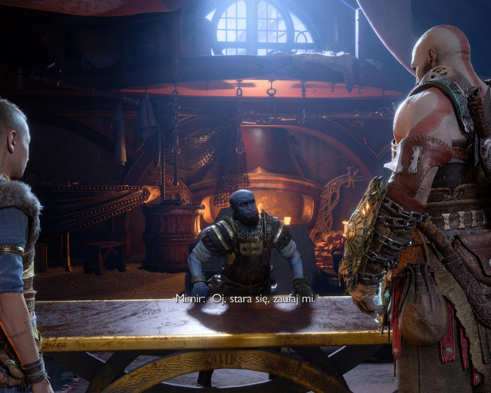 Kratos i Atreus z wizytą u kowala Brooka, w miejscu wyrobu bronii