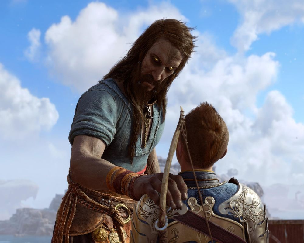 Atreus i Tyr, który nachyla się nad chłopakiem, mówiąc do niego.