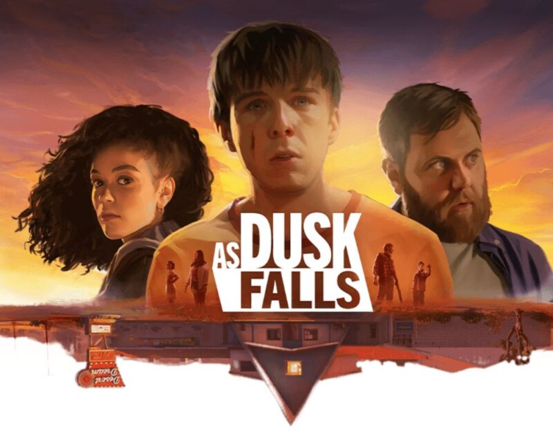 na środku napis As Dusk Falls, pośrodku młody chłopak, obok niego dziewczyna a po drugiej strony mężczyzna