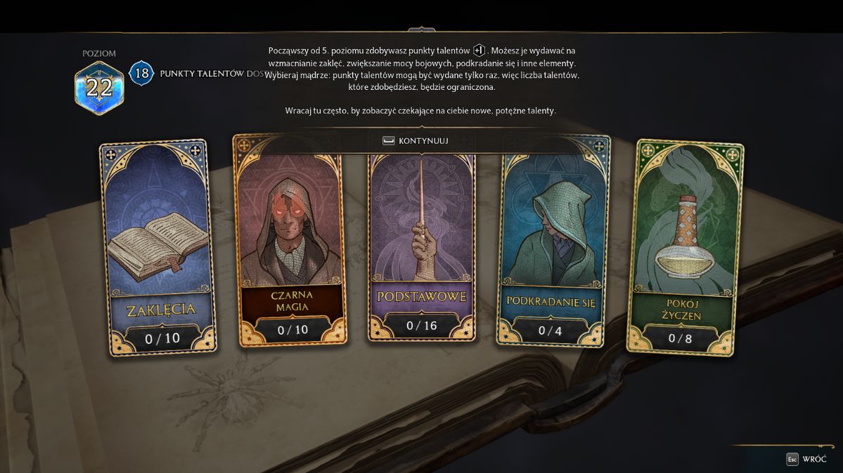 Hogwarts Legacy - zdjęcie przedstawia karty 5 rożnych rodzajow punktów talentów w grze