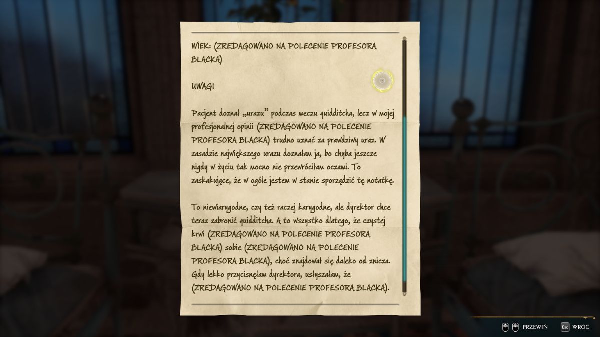 Hogwarts Legacy - na zdjęciu widzimy list o Quidditchu z wyjaśnieniem fabularnym, że nie ma go w grze, bo zostal zakazany