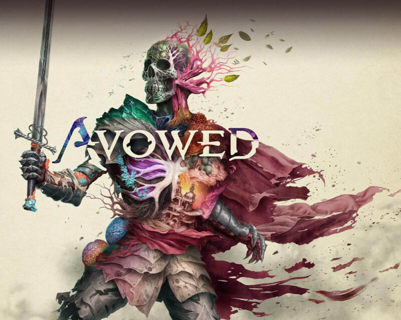 Grafika promująca grę Avowed. Przedstawia szkielet w zbroi, z mieczem w ręce. Możemy zobaczyć jego organy wewnętrzne, które przypominają korzenie i gałęzie drzew.